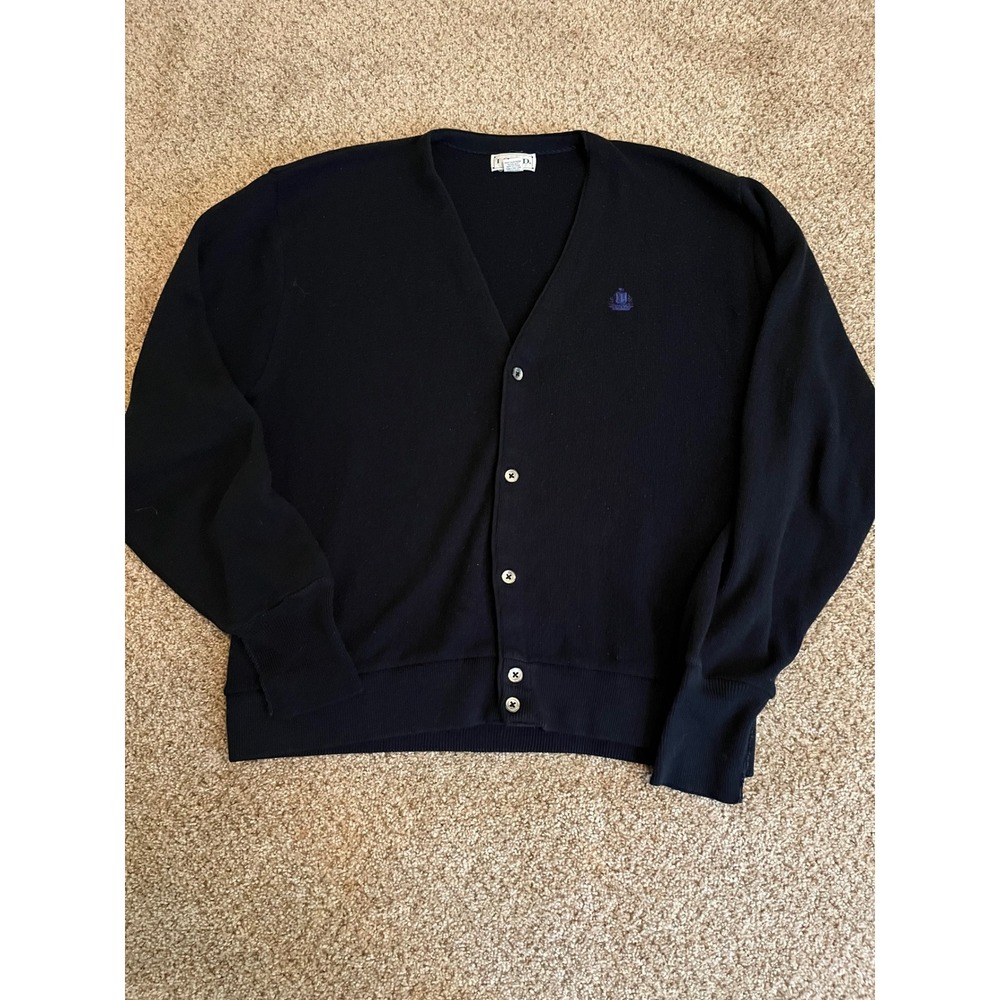 VTG Izod Mens Cardigan XL Navy Blue V-Neck Button Front Crest Logo Made in USA
